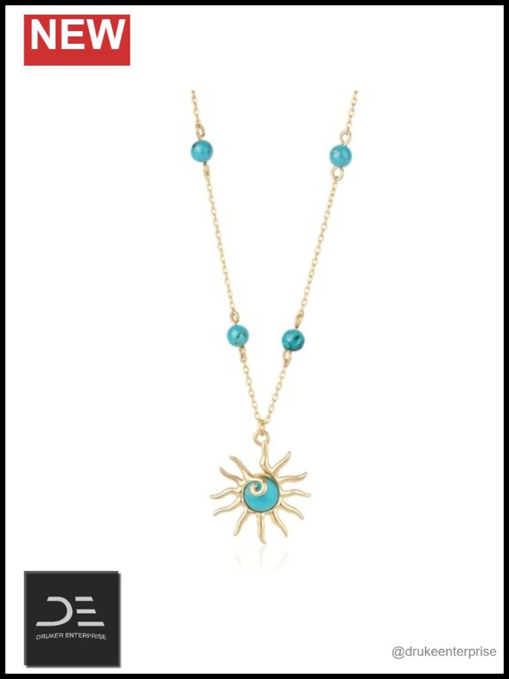 Genuine Turquoise Necklace 925 Sterling Silver Sun Pendant Boho Nature Gemstone